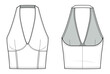 backless halter crop top technical fashion illustration. halter top vector template illustration. front and back view. slim fit. v-neck. women's. white color. CAD mockup set.