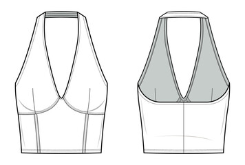 backless halter crop top technical fashion illustration. halter top vector template illustration. front and back view. slim fit. v-neck. women's. white color. CAD mockup set.