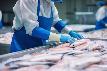 Wall Mural - Fish processing plant. Production Line. People sort the fish moving along the conveyor. Sorting and preparation of fish. Production of canned fish. modern food industry.