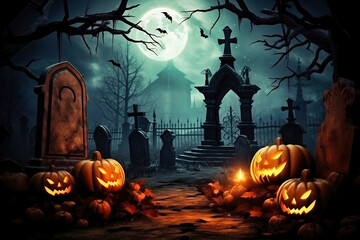 Canvas Print - Halloween pumpkins near a tree in a cemetery with a scary house. Halloween background at night forest with moon and bats.