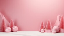 Background Products Minimal Podium Scene With Christmas Decoration In Barbie Style.