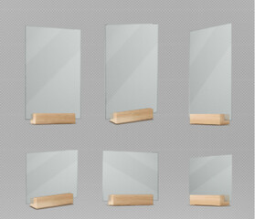 Wall Mural - menu and card stand mockup with wooden base and acrylic display. rectangular transparent plexiglass 