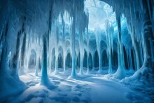 A Glistening Ice Palace In The Heart Of An Enchanted Forest, Its Walls Carved With Intricate Patterns And Lit From Within.  4k HD Ultra High Quality Photo. 