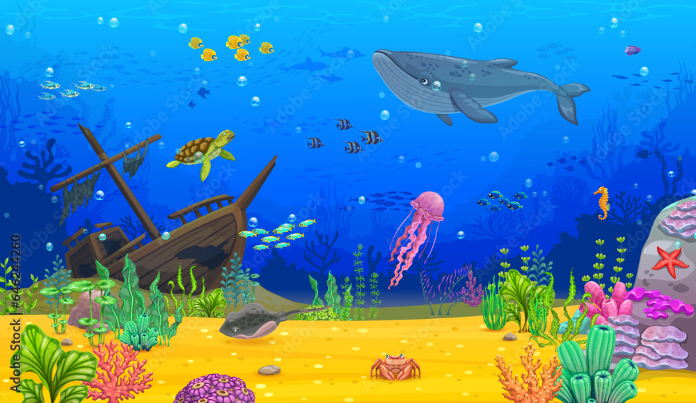 Cartoon underwater landscape. Blue whale, turtle, fish shoal and ...