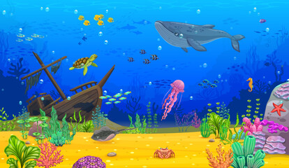 Wall Mural - Cartoon underwater landscape. Blue whale, turtle, fish shoal and jellyfish, stingray and starfish on seaweed and coral bottom. Vector game background of sea water waves, sunken ship and marine animals