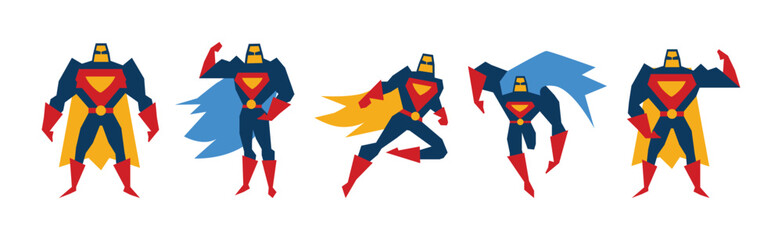 Sticker - Superhero Muscled Man in Mask and Cape in Different Pose Vector Set