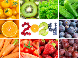 Wall Mural - Fruits and vegetables. New year 2024 made of fruits and vegetables. Healthy food