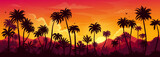 Fototapeta Natura - Tropical jungle sunset or sunrise forest landscape silhouette. Exotic forest palm trees and mountains vector nature background with bright yellow sun and sky. Rainforest at evening game scene backdrop
