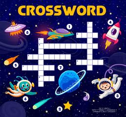 Wall Mural - Space crossword quiz game. Word search riddle, crossword game vector worksheet or vocabulary kids playing activity with alien and boy astronauts cheerful characters, spaceship flying in outer space