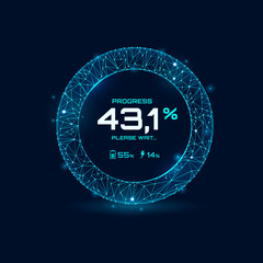 Aufkleber - Loading bar progress neon dial, speed gauge dashboard, futuristic counter interface. Isolated vector hud Sci-fi user digital screen or game control panel with circular scales and percent indicators