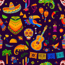 Mexican Holiday And Festival Objects Seamless Pattern. Vector Background With Cartoon Sombrero Hat, Maracas, Guitar And Hummingbird, Guitar, Toucan, Chameleon And Flowers In Ethnic Alebrije Style