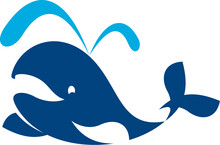 Whale Icon, Aquapark Or Aquatic Water Sport Emblem, Vector Symbol Of Sea Or Ocean Animal. Swimming Pool, Yachting Or Scuba Diving And Surfing Club Sign Of Blue Whale With Water Splash