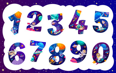 Cartoon space numbers, funny math and astronomy science. Kids education vector font of cute digits with funny astronaut and alien characters, galaxy planets, rockets and UFO, stars and comets