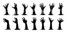 Halloween Zombie Hands Silhouettes. Isolated Vector Set Of Spooky Arms, Sticking Out Of The Ground, Capturing Eerie And Chilling Vibes, For Creating A Haunting Atmosphere And Adding A Touch Of Horror