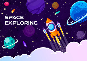 Wall Mural - space rocket launch, cartoon galaxy space planets and comets in starry sky, vector background. outer