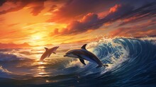 The World Of Ocean Wildlife, Where Lively Dolphins Joyfully Vault Over The Foaming Waves In Their Native Habitat