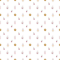 seamless pattern of hand-drawn pastry chef sheep and a lot of sweets. cute cartoon pattern for children's textiles, aprons, wrapping paper, scrapbooking.