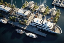 Aerial View Of Luxury Yachts And Boats In Marina, Aerial View Of The Yacht Club. Aerial Top Down View Of Docked Sailboats. Top Down View Of Yachts. 3d Visualisation, AI Generated