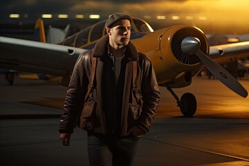 Poster - Portrait of a handsome man standing in front of airplane at night, Airplane pilot at the airport, AI Generated