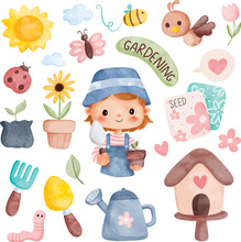 Watercolor Illustration Set Of Cute Girls And Garden Elements