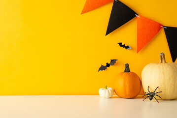 Set the eerie mood with Halloween table decor. Side view photo of a tabletop featuring themed decor, pumpkins, bats, spider, and festive flag garland on a yellow wall backdrop with space for text