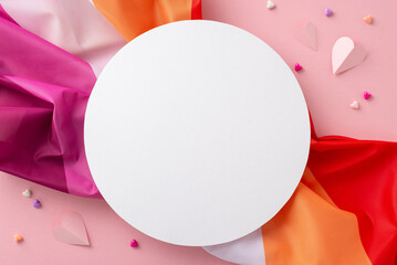 Wall Mural - Embrace the spirit of International Lesbian Day with this top view photo showcasing the Lesbian Pride flag, heart symbols on a pastel pink background with empty circle for text or promotion