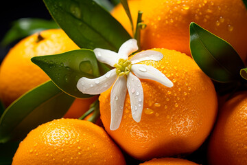 Wall Mural - Close-up oranges with leaves and flowers