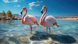 Travel and resort banner. Pink flamingos on beautiful sandy beach and soft blue ocean wave summer concept background