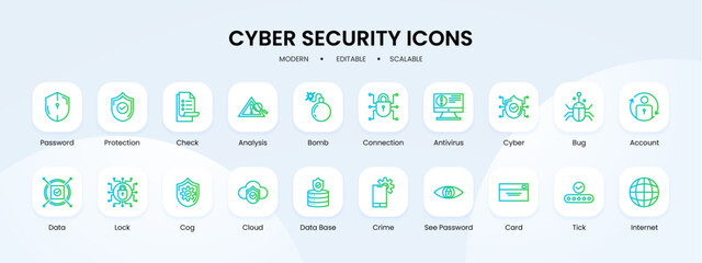 Wall Mural - Cyber security icon collection with blue and green gradient outline style. security, data, cyber, protection, safety, technology, secure. Vector Illustration