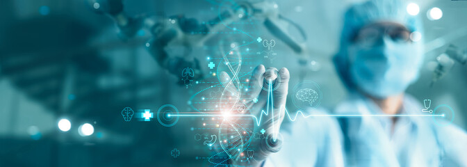 Aufkleber - Medical technology network, Medicine doctor holding electronic medical record on hologram modern virtual. medical research. DNA. Analysis and diagnose, Digital healthcare, Futuristic of healthcare.