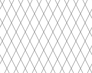 Diagonal cross line grid seamless pattern. Geometric diamond texture. Black diagonal line mesh on white background. Minimal quilted fabric. Metallic wires fence pattern. Vector illustration.