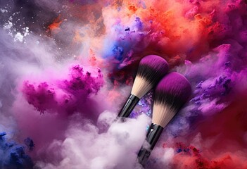 Wall Mural - Make up brushes and colorful powder dust explosion background.