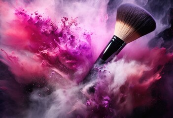 Make up brushes and colorful powder dust explosion background.