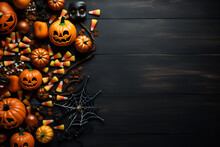Trick Or Treat Halloween Flat Lay Background With Pumkins And Sweets. Generative Ai	
