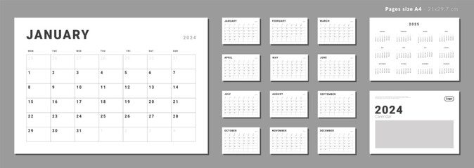 Wall Mural - Set of Monthly pages Calendar Planner Templates 2024-2025 for wall or desk with Cover and place for Photo, Logo. Vector layout of simple calendar with week start Monday for print. Pages for size A4