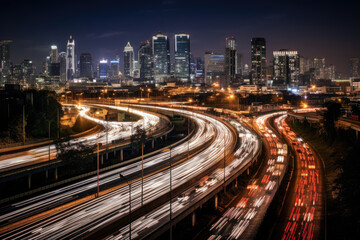 Wall Mural - Aerial view of Road Traffic jam on multiple lane highway with speed light trail from car background, Expressway road junction in metropolis city center at night scene.