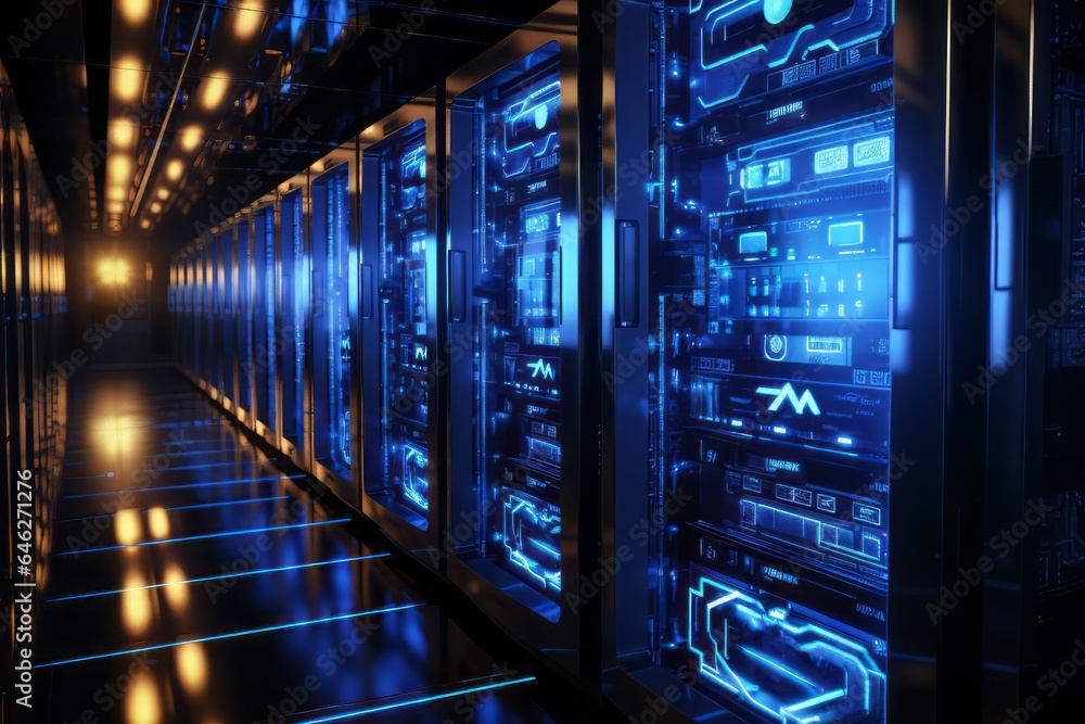 The image depicts a computer server rack adorned with AI logos ...