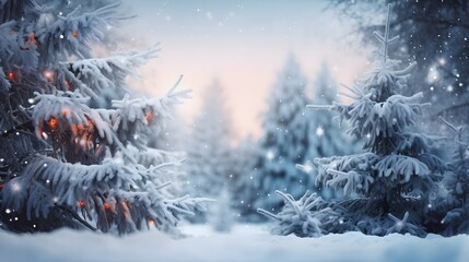 Frosty winter landscape in snowy forest. background with fir trees and blurred background of winter.