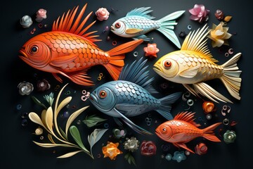 Wall Mural - A diverse group of brightly colored, small to medium-sized fish, including pumpkinseed and longear sunfish.