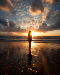 Canvas Print - Silhouette of a young woman at sunset on the beach