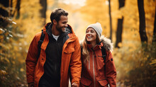  Happy Couple Hiking In Autumn Forest 