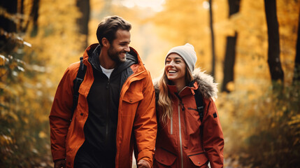 happy couple hiking in autumn forest