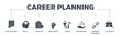 © Ski14 - Career planning banner web icon glyph silhouette with icon of define goal, checklist, strengths weaknesses, motivation, qualification, support and success