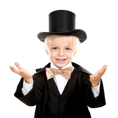 Wall Mural - Cute little blond boy wearing magician Halloween costume. Isolated on transparent background. 