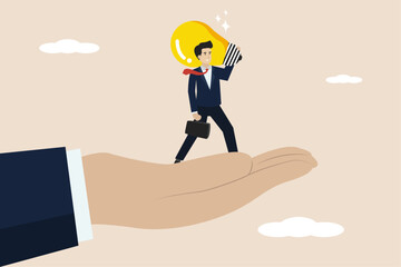 Wall Mural - Having a big idea, bringing a new business concept or having a brilliant idea for a company, smart entrepreneurs carry the light bulb for a big idea in big hands. Illustration of a successful business