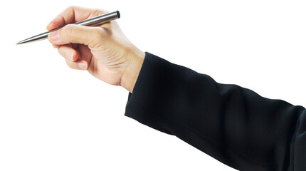 BusinessWoman hand holding Pen up in the air on white background, woman hand holding pen signing on the air isolate on white with PNG file.