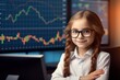 © Rudsaphon - Portrait of a cute little girl in glasses and a business suit sitting at the table in front of a computer monitor with a stock chart.Generative Ai