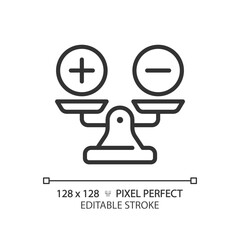 Poster - 2D pixel perfect customizable black weight scale with plus and minus icon, isolated vector, thin line illustration representing comparisons.