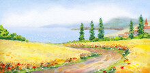 Watercolor landscape. Road to the sea in a wheat field