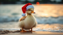 Little Cute Duck In Santa's Hat On The Beach By The Sea. Christmas Atmosphere. Christmas In The Tropics. Generative AI